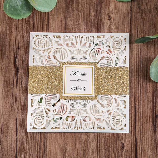 DreamBuilt 6.3 x 6.3 inch Ivory Laser Cut Wedding Invitations Cards with Gold Glitter Border and Bellyband for Wedding Bridal Shower (Ivory, 50pcs Blank)