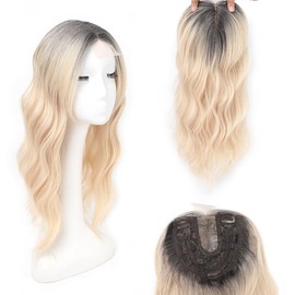 Lumhun 18 Inch Wavy Hair Toppers for Women - 6.5"x6.5" Heat Resistant Synthetic Wiglets, Thinning Hair Solutions (Ombre Blonde with Dark Root to Blonde)
