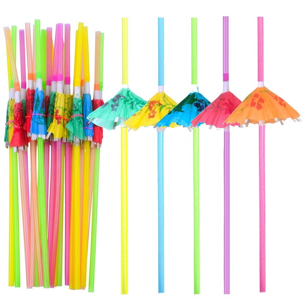 BronaGrand 100 Pieces Umbrella Straws,Disposable Flexible Drinking Straws Parasol Straws for Luau Parties, Bars, Restaurants,Kitchen Supplies,Island Themed Party
