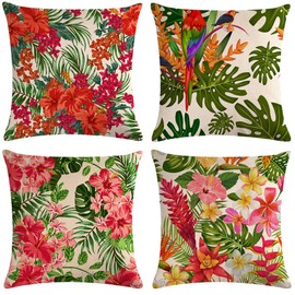 7COLORROOM Set of 4 Tropical Leaves Throw Pillow Covers Parrot &Turtle Leaf &Red Flower Pattern Pillowcases Home Decorative Cotton Linen Cushion Covers 18 X 18 Inch (Parrot)