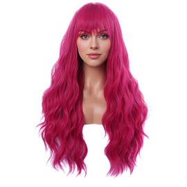 Women Hot Pink Wigs with Bangs Magenta Long Curly Wig Rose Red Wig
