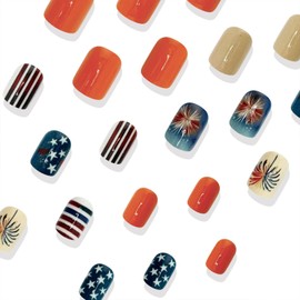 4th of July Press on Nails Short Square Fake Nails Red Blue White Stripe False Nails Press ons Stars Glue on Nails Independence Day Stick on Nails for Women 24 Pcs