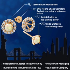 Gem Stone King 18K Yellow Gold Plated Silver Gemstone Birthstone and White Moissanite Earrings | Studs with Removable Jackets for Women | Center Round 5MM