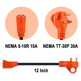 Ficstar Cable adaptador de 30 A 15 A RV, adaptador de corriente eléctrica de 30 A 110 V, cable adaptador de RV de 12 V, cable de calibre 12, 12 pulgadas con agarre, NEMA TT-30P a NEMA 5-15R