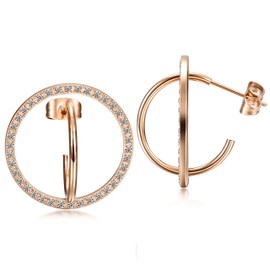 CIUNOFOR Women's Hoop Earrings, Popular, Cubic Zirconia, Crystal, Double Ring, Stainless Steel, 18K Gold RGP, 3 Colors Available (Pink Gold/White) Gift Packaging, Alloy Steel Silver Stainless Steel