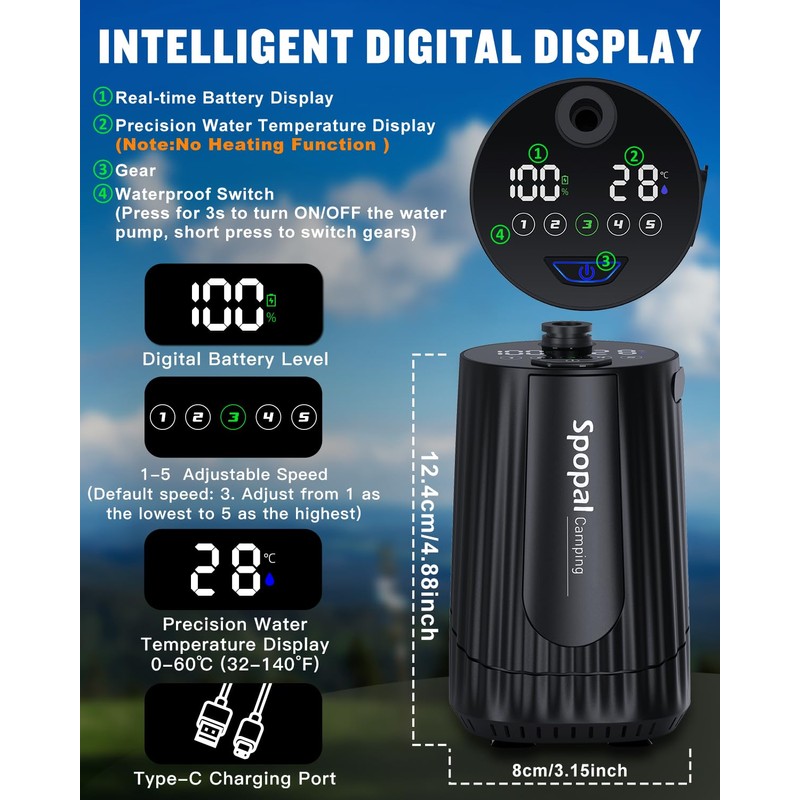 Spopal Portable Shower for Camping with 5-Gallon Water Jug, 10000mAh