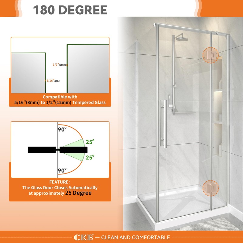 CKB Shower Glass Door Hinge, 180 Degree with Solid Brass,