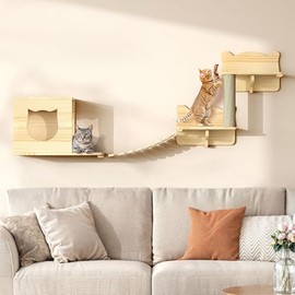 Homiflex Cat Wall Shelves, Cat Wall Furniture Pine Wooden Feline Shelf, 5 Piece Shelves and Perches with Bed, House, Steps, Bridge Ladder and Scratching Post