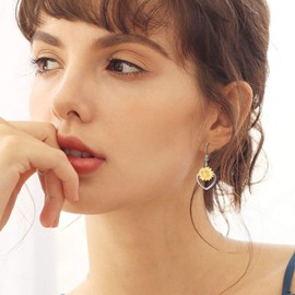 Heart Sunflower Jewelry 925 Sterling Silver Heart Sunflower Dangle Drop Earrings for Women Girls (3-heart sunflower gold)