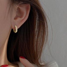 SLUYNZ Sterling Silver Small Pearls Huggie Earrings for Women Teen Girls CZ Pearls Hoop Earrings Wedding Bridal Pearls Earrings (B-GOLD)