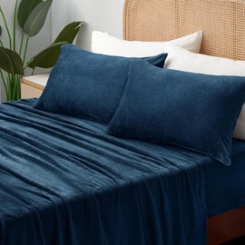 BEDELITE Flannel Sheets Queen Size Navy - Super Soft Fleece Sheets Set Fluffy Extra Plush, 4 Piece(Include Fitted Sheet, Flat Sheet, 2 Pillowcases)