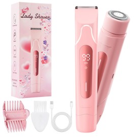 Bikini Trimmer for Women, 2 in 1 Electric Shaver with LED Display, IPX7 Waterproof Pubic Hair Trimmer, Rechageable Womens Electric Razor for Armpit Leg Body Facial (Pink)