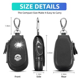 SKvoen Genuine Leather Car Key Holder Key Fob Case Pouch for Universal Car Keys, Key Cover Bag with Keychain Metal Hook Zipper and Snap Button for Men Women, Black