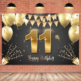 HAMIGAR 6x4ft Happy 11th Birthday Banner Backdrop - 11 Years Old Birthday Decorations Party Supplies for Girls Boys - Black Gold