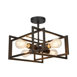 FadimiKoo Industrial 4-Light Semi Flush Mount Kitchen Ceiling Light Fixture, Farmhouse Metal Black Close to Ceiling Lighting Fixtures, Modern Rectangle Frame Ceiling Lamp for Island Bedroom Hallway