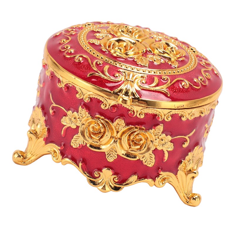 Vintage Metal Jewelry Box Round Exquisite Hand Carved Gold Flower