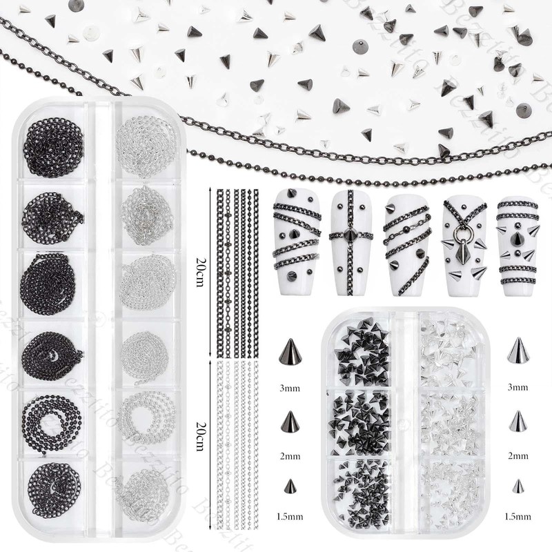 Goth Spike & Starburst Cross Nail Studs, Black Silver Beads