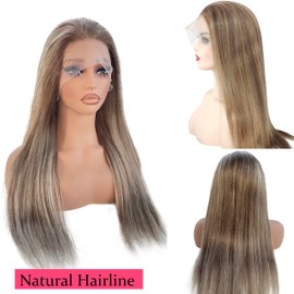 30 Inch Ash Blonde Highlight 13x4 Transparent Lace Front Wigs Human Hair 150% Density Balayage Light Brown to Ash Blonde HD Lace Front Wigs for Women Human Hair 6T6P18 Pre Plucked with Baby Hair