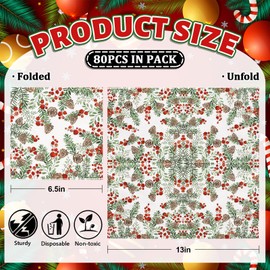 JarThenaAMCS 80Pcs Christmas Paper Napkins Berries and Pine Cone Disposable Napkins Xmas Luncheon Dinner Napkins for Winter Holiday Party Table Supplies