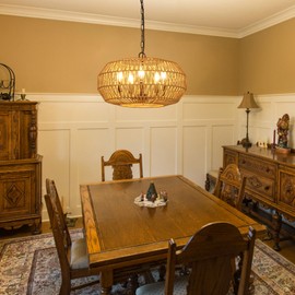 Stepeak Large Farmhouse Chandelier Light Fixtures, 5-Lights Boho Rattan Pendant Lighting with Woven Wicker Shade, Coastal Basket Chandeliers for Dining Room Living Room Kitchen Island Bedroom