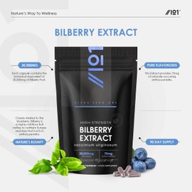 Bilberry Extract 30,000mg - Standardised 25% Anthocyanidins from 50:1 Vaccinium Uliginosum Extract - 90 Vegan Capsules (3 Months Supply) – Resealable and Recyclable Pouch by Alpha01