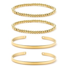 XIJIN 4Pcs Gold Beaded Bracelets Set 18K Gold Plated Stainless Steel Friendship Cuff Bangle Bracelets for Women