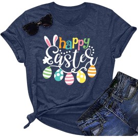 Happy Easter Cute Women's Cotton Sleeveless T-Shirts with Easter Bunny & Egg GraphicsColor: Blue, Size: 2 XL