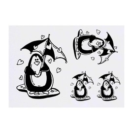 4 x 'Umbrella Penguin & Hearts' Temporary Tattoos - Water Resistant, Skin-Safe, Non-Toxic Transfers, Mixed Sizes (TO00048317)