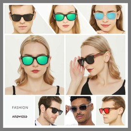 ANDWOOD Wood Sunglasses Polarized for Men Women Uv Protection Wooden Bamboo Frame Mirrored Sun Glasses Green Shades