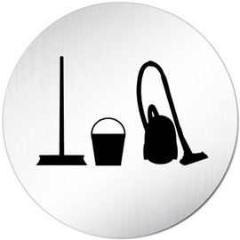Türschilder24 XXL Door Sign, Diameter 100 mm, Cleaning Agent, Cleaning Room, Housekeeping, Made of Solid Aluminium Material, Polished Stainless Steel Look, 100% Made in Germany