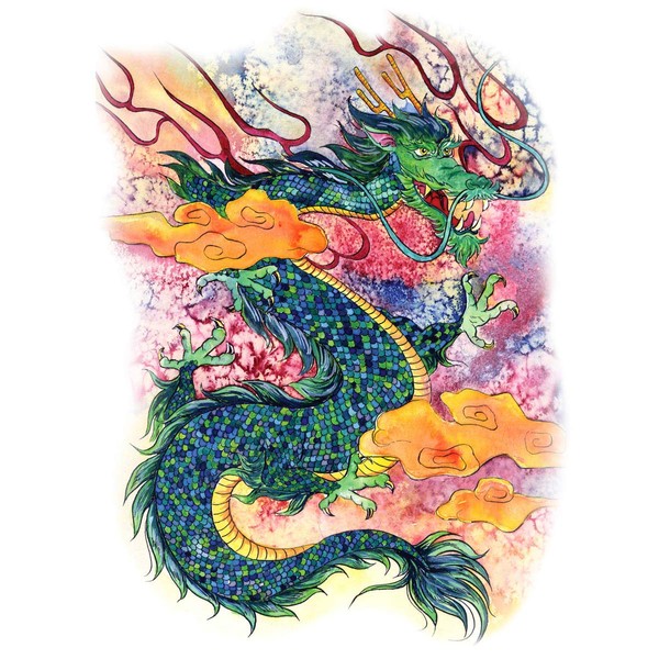 Supperb® Temporary Tattoos - Gorgeous Green Dragon in Clouds, Dragon Temporary Tattoos