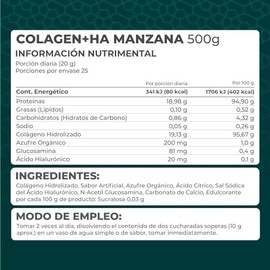 PRONAT | Colágeno Hidrolizado + Ácido Hialurónico, Suplemento Alimenticio, Sabor Manzana Verde, Bolsa con 500 gramos