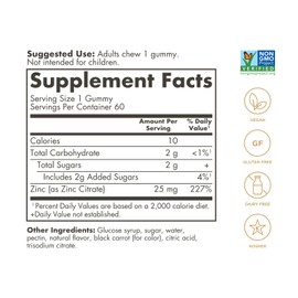 Solgar Zinc Gummies Adult Vitamin with 25mg Ultra Potency Zinc Citrate for Immune Support - Mixed Fruit Flavor, Vegan, Kosher & Gluten Free Gummy Supplements for Women & Men, 2g Sugar, 60 Servings