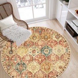 Lahome Moroccan Trellis Round Rugs 5ft, Round Rugs Soft Non-Slip Circle Rugs, Non-Shedding Round Washable Rug for Bedroom Distressed Carpet for Living Room Bathroom Nursery (5ft-Round,05-Red/Orange)