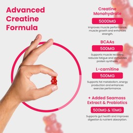 Suplify, Max 5000mg, 120 Creatine Monohydrate Gummies, Added 500mg BCAAs + 500mg L-Carnitine, Seamoss + Probiotics, Vegan & Sugar-Free, Premium Pre-Workout, Gym Supplement (1 Month Supply)(Strawberry)