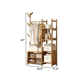 Colourtree Bamboo Garment Rack with Shelves & Hooks – Freestanding Wardrobe Organizer