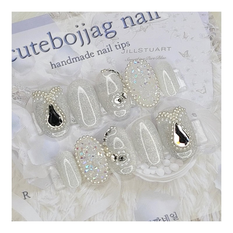 Wedding Pixie Handmade Nail Tips - Oval L / 웨딩