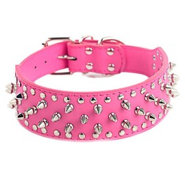 Hoot PU Leather Adjustable Spiked Studded Dog Collar 2" Wide 43 Spikes (L(Neck 21"-24"), Rose Red)