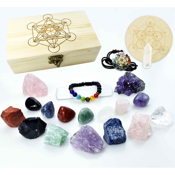 Artcome Juego de 22 cristales curativos para principiantes, yoga y meditación – 7 cristales crudos, 7 piedras preciosas coloridas, racimo de amatista, cuarzo rosa, palo de selenita, disco de energía, pulsera de chakra, caja de madera