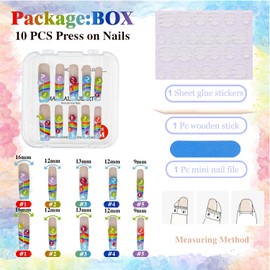 GREENTEA Handmade Nail Summer Rainbow Skittles Design Press-On Nails, Long Coffin Style with Clou d, Custom Nail Art Set,10 Pieces,Size-M