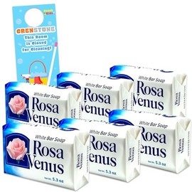 Rosa Venus White Bar Soap Bundle - 6 Pack Rosa Venus Jabon de Bano Blanco 5.3 oz Soap Bars with Door Hanger | Gentle Foaming Bar Soap