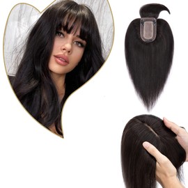 Benehair Clip in Hair Topper with Bangs Secret Topper Wiglet 100% Human Hair Clip in Top Hairpieces Fringe Bang Replacement Wiglet for Womem with Thinning Hair 6inch 27g #1B Natural Black