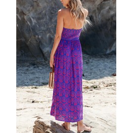 CUPSHE Women's Tube Beach Dress Boho Straight Neck Strapless Smocked Bodice Maxi Casual Summer Dresses, Purple S
