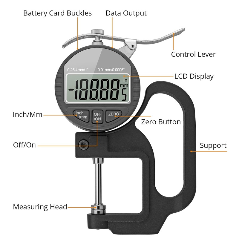 Neoteck Digital Thickness Gauge 1inch/25.4mm,0.0005inch/0.01mm LCD Display with Inch/MM Conversion