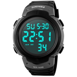 PASOY Mens Women Digital Watch Big Dial Light LED Swim Waterproof Rubber Band Alarm Black LED Watches 50MM (Silver)