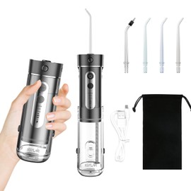 IGYLAR Dentist Jet Washer Cordless Compact Mini Portable Ultrasonic Water Flow 3 Modes 4 Level Strength Adjustment 6.1 fl oz (180 ml) IPX7 Waterproof, 4 Replacement Nozzles, Storage Pouch Included
