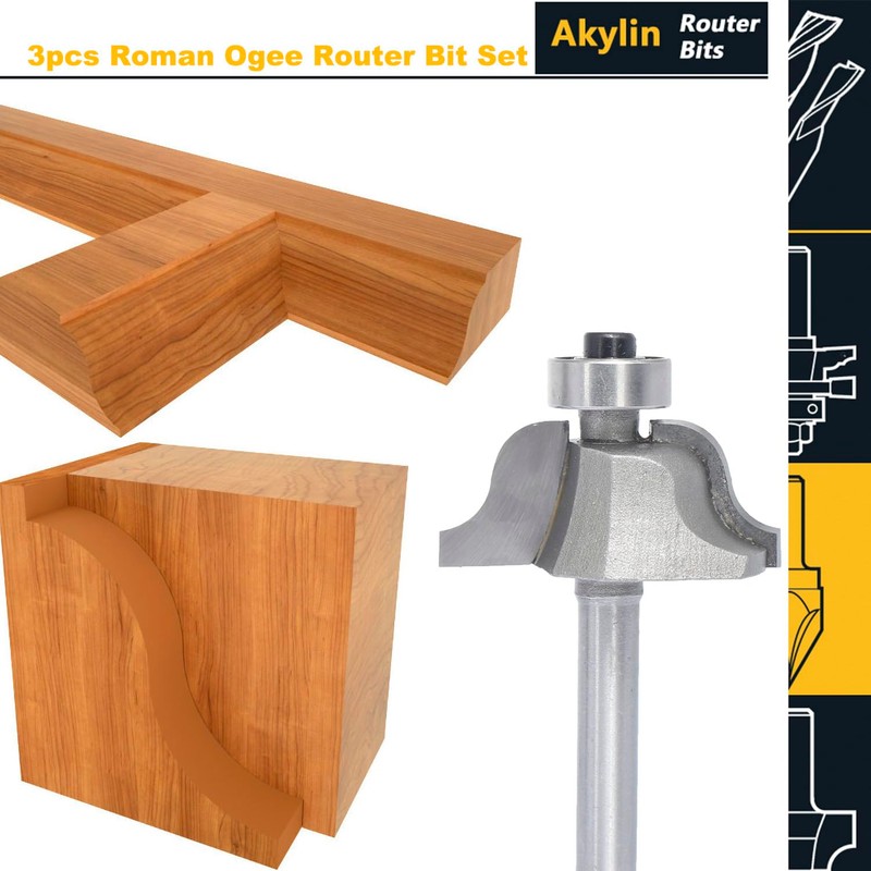Akylin 3Pcs Roman Ogee Router Bit Set,1/4" Shank,Bearing Guided Decorative