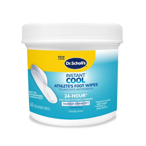 Dr. Scholl's INSTANT COOL ATHLETE'S FOOT TREATMENT WIPES, 60 ct // Clinically Proven, Maximum Strength Antifungal, Cures & Prevents Most Athlete's Foot, 24-Hour Daily Relief of Itching & Burning