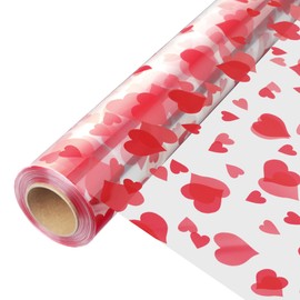 JOYIT 100 ft Clear Cellophane Wrap Roll with Heart (35 in x 100 ft) - 3 Mil Thick Red Heart Cellophane Roll, Heart Cellophane Bags Large for Flower Gift Baskets (35" fold into 17.5")