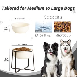 Ceramic Elevated Dog Food Bowl - Heavyweight Feeding Bowl with Metal Stand - Raised Pet Dish for Medium and Larges Dogs - 3.5 Cups - 54 oz - Beige